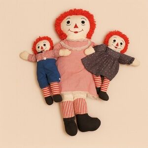 Collectible Trio 1970’s Vintage Raggedy Ann and Andy Doll Set Classic Cloth